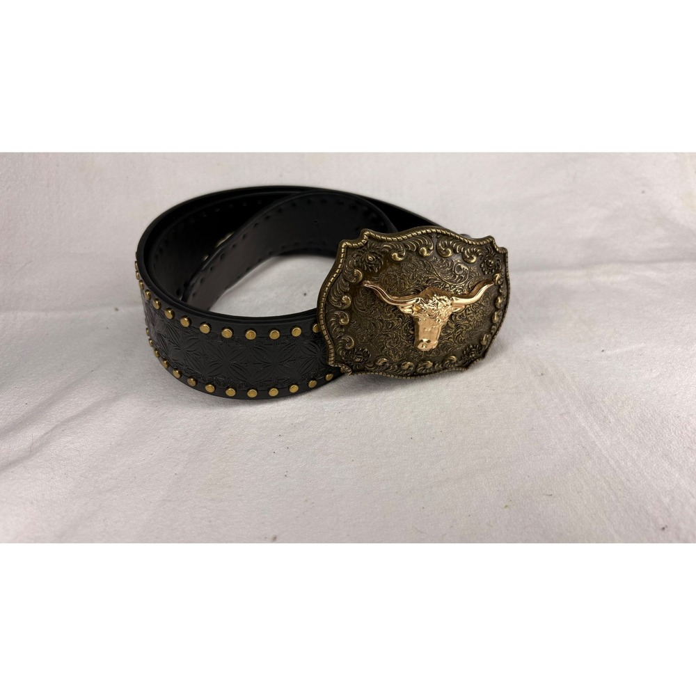 Western Black Leather Belt with Gold Longhorn Buckle